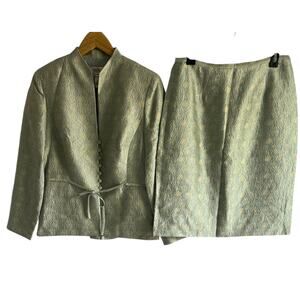 Talbots Size 10 100% Silk Floral Embossed Blue & Gold Blazer & Skirt 2 Piece Set